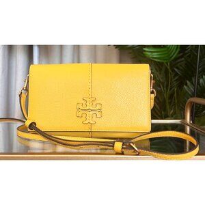 Tory Burch Yellow Mcgraw Leather Crossbody Bag With Logo & Adjustable Strap